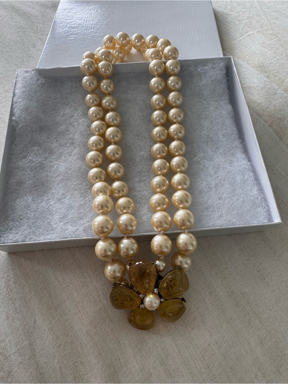 Double-Strand Cream Pearl Necklace with Amber Flower Pendant